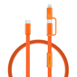 Cable de carga rápida 2 en 1 trenzado anti enredos 60W 120cm color naranja vista con logo