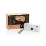 Cámara instantánea estilo llavero con pantalla color y USB-C 720P color blanco vista con caja