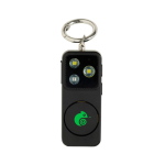 Alarma personal compacta recargable por USB-C con luz LED 150dB color negro vista con logo