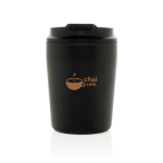 Taza térmica de plástico para café con tapa antigoteo 220ml color negro vista con logo
