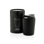 Taza térmica de plástico para café con tapa antigoteo 220ml color negro vista con caja