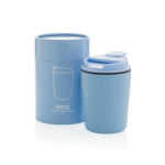 Taza térmica de plástico para café con tapa antigoteo 220ml color azul claro vista con caja