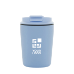Taza térmica de plástico para café con tapa antigoteo 220ml color azul claro vista de impresión