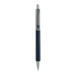 Bolígrafo triangular de plástico reciclado con clic tinta azul color azul marino vista con logo
