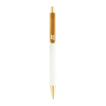 Bolígrafo ergonómico de tres lados tacto suave tinta azul color blanco vista con logo