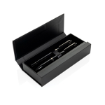 Set de escritura bolígrafo y roller metal Swiss Peak tinta azul color negro vista con caja