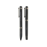 Set de escritura bolígrafo y roller metal Swiss Peak tinta azul color negro vista de impresión