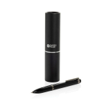 Bolígrafo metal con giro suave Swiss Peak 1200m tinta azul color negro vista con caja