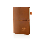 Libreta recargable con bolsillos y cierre elástico PU A5 hojas a rayas color marrón vista con logo