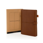 Libreta recargable con bolsillos y cierre elástico PU A5 hojas a rayas color marrón vista con caja