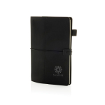 Libreta recargable con bolsillos y cierre elástico PU A5 hojas a rayas color negro vista con logo