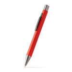 Bolígrafo con pulsador de aluminio eco con tacto de goma y tinta azul color rojo primera vista de uso