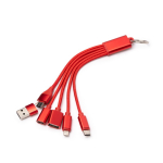 Cable cargador multipuerto 7 en 1 de aluminio reciclado color rojo primera vista de uso