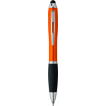 Bolígrafo de plástico reciclado con puntero táctil y tinta negra color naranja tercera vista