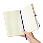 Libreta con tapa rígida de kraft con goma elástica A5 hojas a rayas color azul primera vista