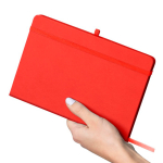 Libreta tapa de PU reciclado con marcapáginas A5 y hojas a rayas color rojo tercera vista