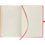 Libreta tapa de PU reciclado con marcapáginas A5 y hojas a rayas color rojo cuarta vista