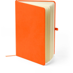 Libreta tapa de PU reciclado con marcapáginas A5 y hojas a rayas color naranja cuarta vista