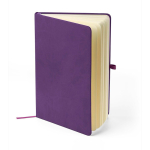Libreta tapa de PU reciclado con marcapáginas A5 y hojas a rayas color violeta tercera vista