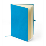 Libreta tapa de PU reciclado con marcapáginas A5 y hojas a rayas color azul claro cuarta vista
