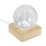 Adorno navideño de bola de cristal con base de madera y luz cálida color natural primera vista