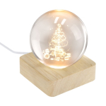 Adorno navideño de bola de cristal con base de madera y luz cálida