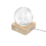 Adorno navideño de bola de cristal con base de madera y luz cálida