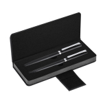 Set de bolígrafo y roller de acero inox. con estuche y tinta azul color negro primera vista