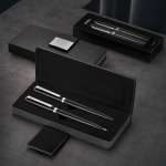Set de bolígrafo y roller de acero inox. con estuche y tinta azul