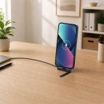 Cable cargador USB-C de plástico reciclado con soporte para móvil 60W