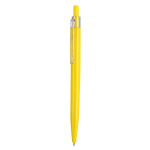 Bolígrafo pulsador de plástico con clip transparente y tinta azul color amarillo primera vista