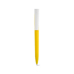 Bolígrafo con cuerpo de plástico reciclado, clip grande y tinta azul color amarillo vista frontal