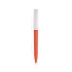 Bolígrafo con cuerpo de plástico reciclado, clip grande y tinta azul color naranja vista frontal