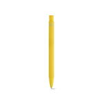 Bolígrafo de aluminio reciclado con acabado engomado y tinta azul color amarillo vista trasera