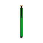 Bolígrafo roller de aluminio reciclado y bambú con tinta azul color verde vista frontal