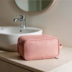 Neceser de piel sintética reciclada con colgante y tres compartimentos color rosa vista de ambiente