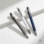Bolígrafo de aluminio engomado y detalles en relieve tinta azul color gris oscuro