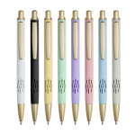 Bolígrafo de aluminio con detalles dorados mate y recortes tinta azul color blanco