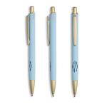 Bolígrafo de aluminio con detalles dorados mate y recortes tinta azul color azul claro