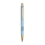 Bolígrafo de aluminio con detalles dorados mate y recortes tinta azul color azul claro
