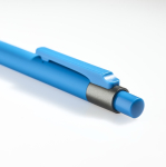 Bolígrafo de aluminio engomado con clip de plástico y tinta azul color azul claro