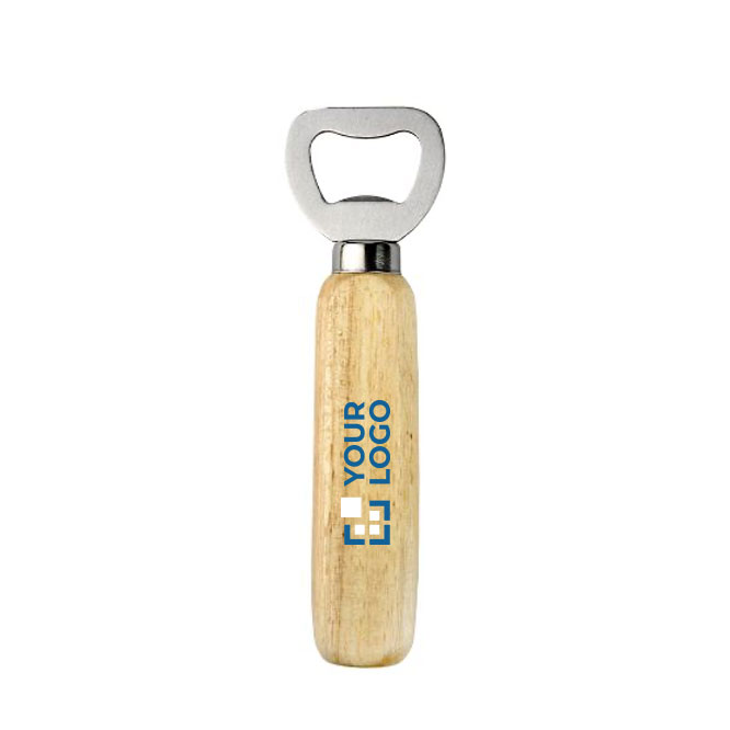 Abrebotellas de mango largo de madera con logotipo