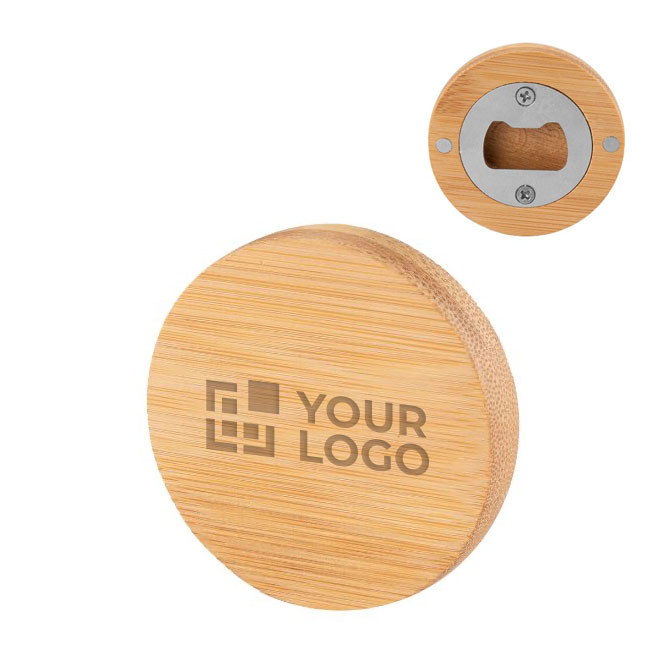 Abrebotellas circular con posavasos de bambú corporativo