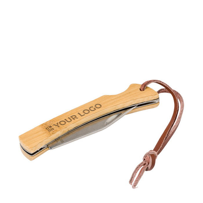 Navaja plegable de acero con mango de bambú con cordón
