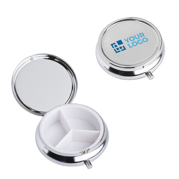 Pastillero redondo metálico con tres secciones y espejo Mirror