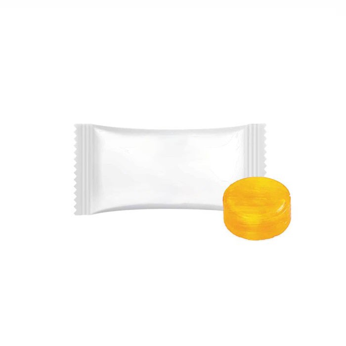 Caramelo duro sin azucar de un único sabor envuelto en formato sobre color limón tercera vista Caramelo duro sin azucar de un único sabor envuelto en formato sobre color limón tercera vista