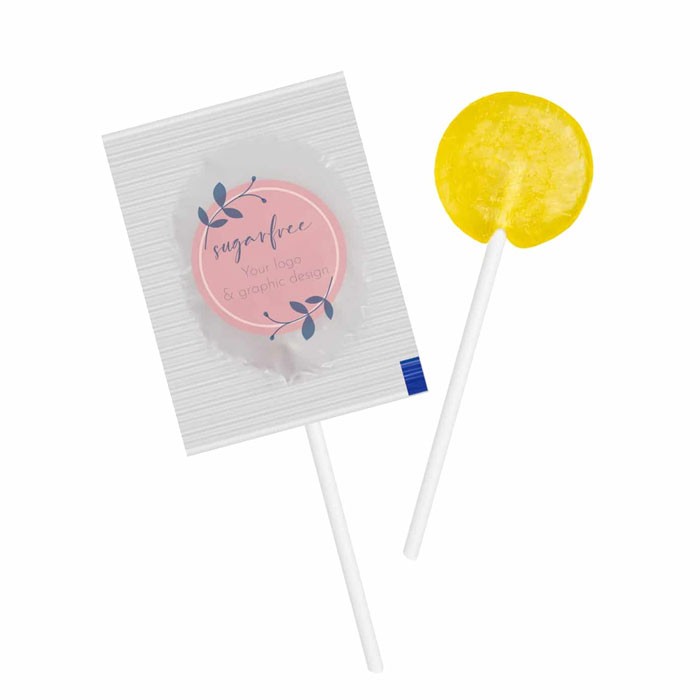 Pirulata mini sin azucar con envase personalizable color limón tercera vista