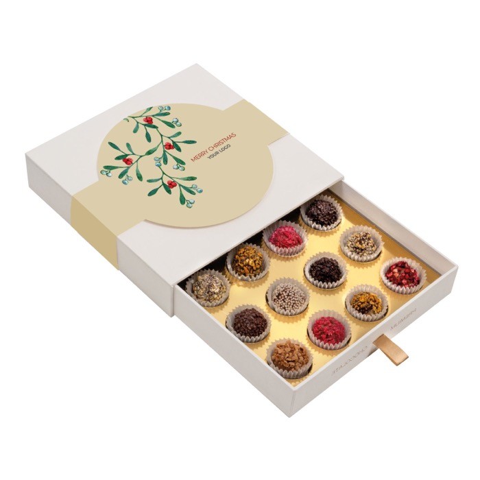 Cofre de 16 trufas decoradas rellenas de varios sabores gourmet color blanco