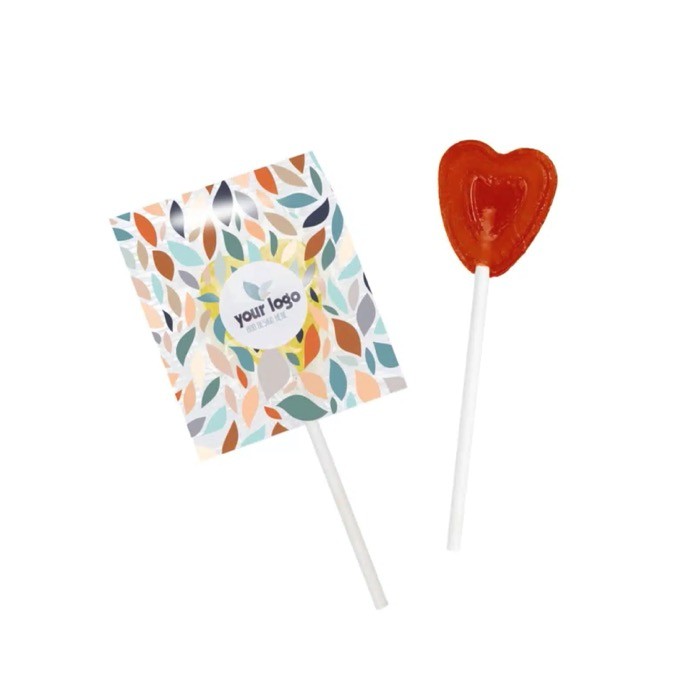 Piruleta original en forma de corazón con envase personalizable color fresa