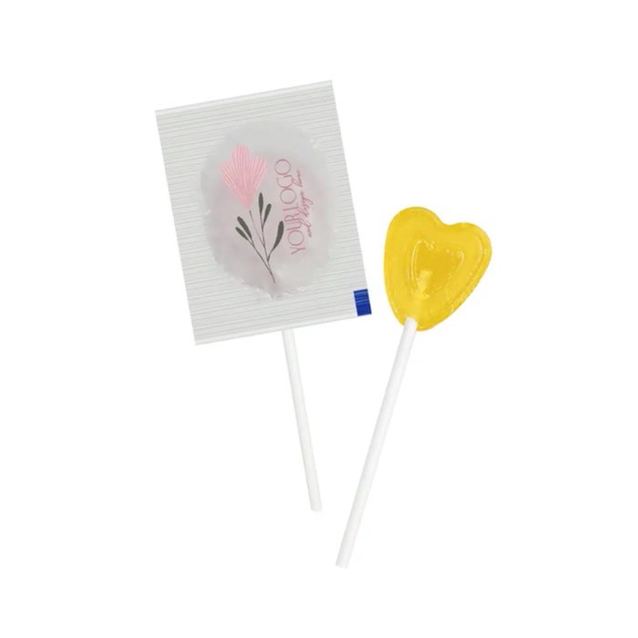 Piruleta original en forma de corazón con envase personalizable color limón